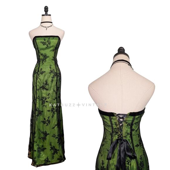 Vintage Zum Zum Prom Dress Maxi Gown 6 Green Black Corset Y2K 90S Goth Floral - Picture 1 of 10